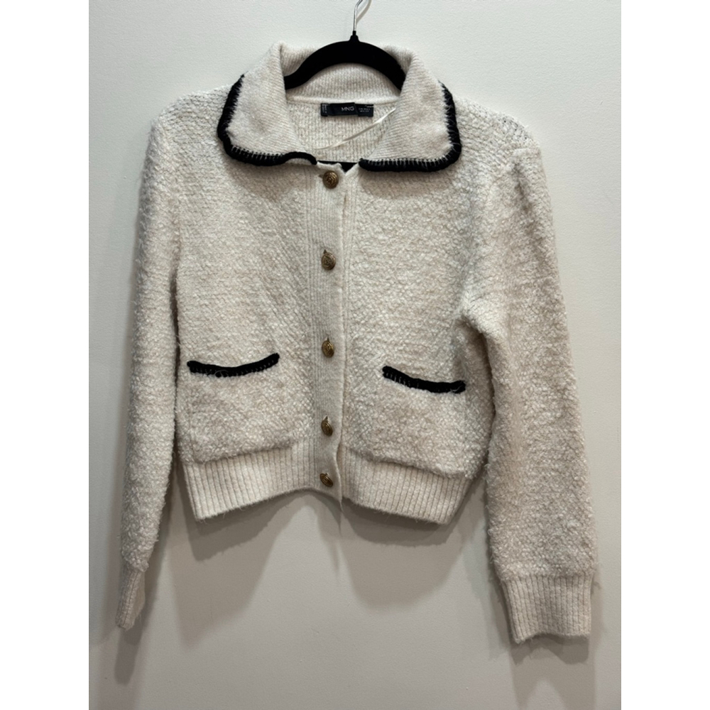 Mango Boucle Knit Textured Collared Cardigan Sweater S Old Money Preppy Coquette
